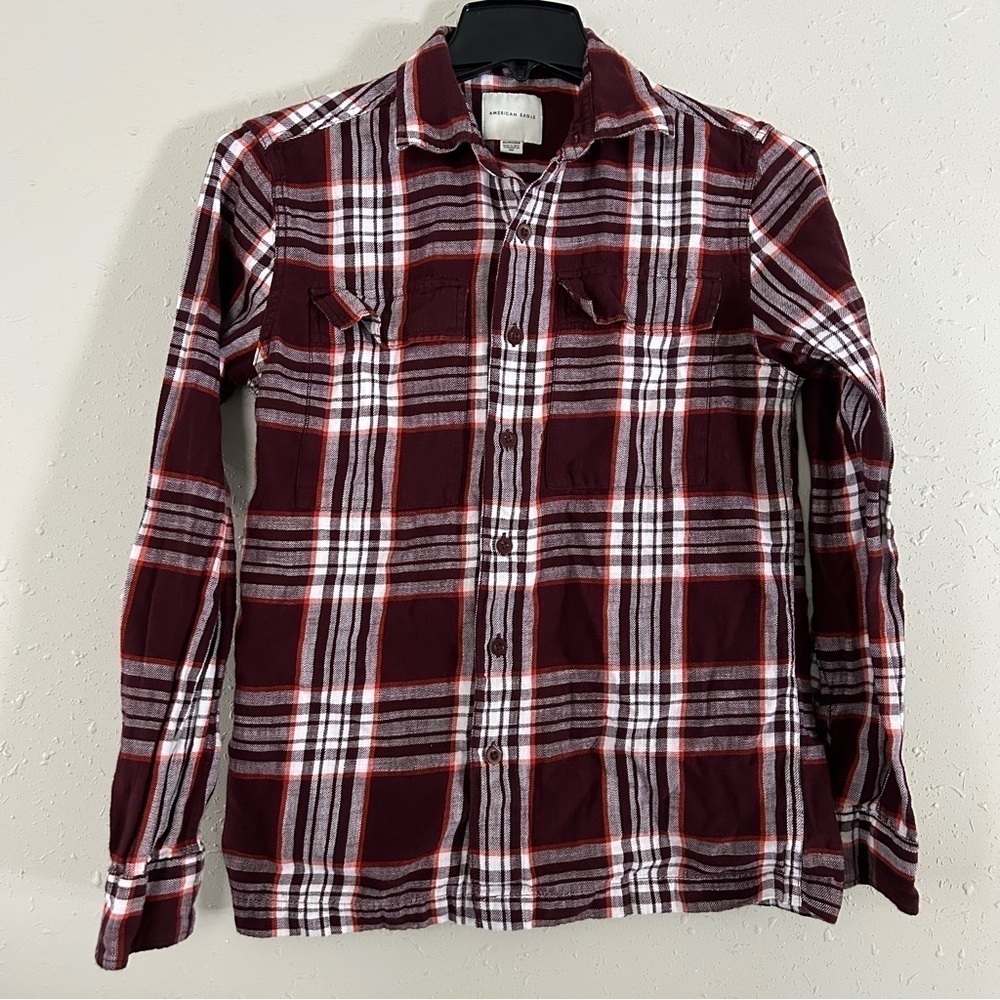 American Eagle Outfitters Maroon White Plaid Button Down Flannel Long Sleeve XS